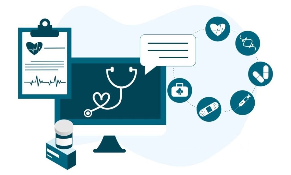 Online health tele medicine flat illustration. Online medical healthcare consultation and treatment via mobile phone application of computer connected internet clinic. Online ask doctor consultation.
